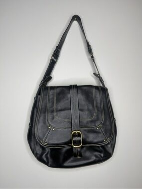 Levenger Black Leather Shoulder Bag with Brass Buckle